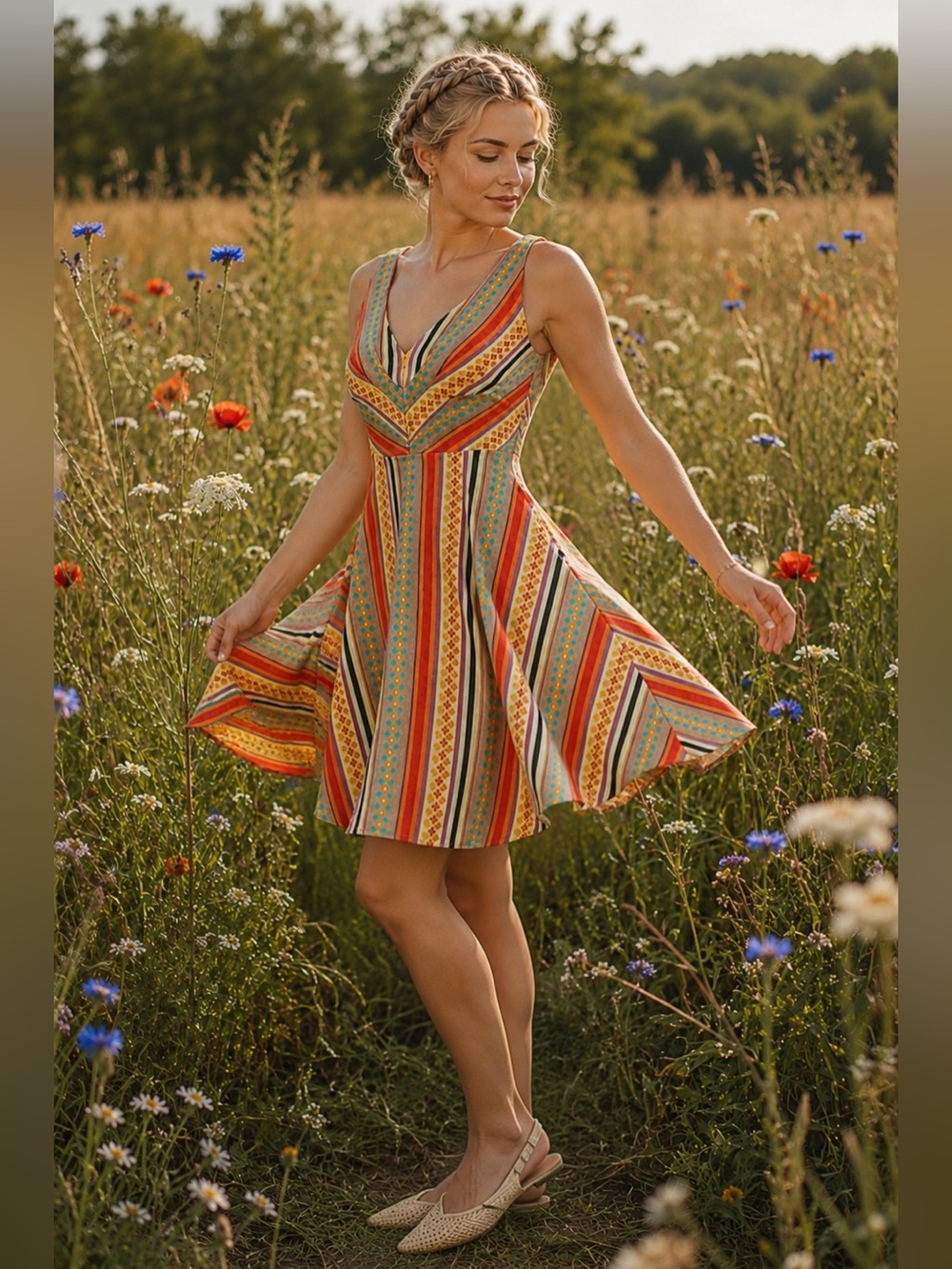Eva Franco Multi Color Striped Fit & Flare V Neck Dress Sleeveless Boho Size 2P